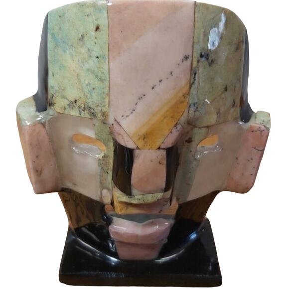Mayan Aztec Onyx Death Mask Sculpture Folk Art Abalone Mother of Pearl Decor - Picture 1 of 8